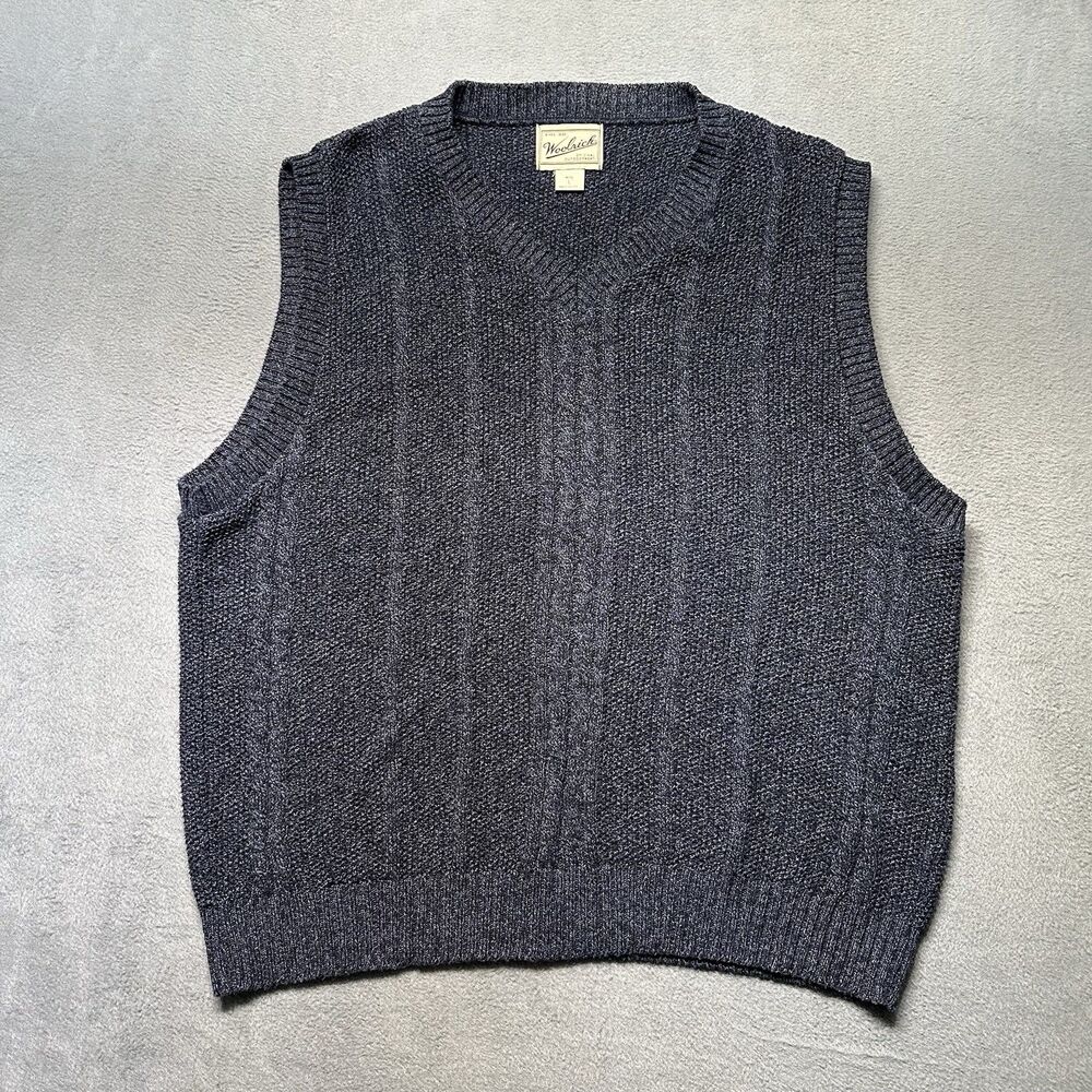 Woolrich Mens L Sweater Vest Blue Cable Knit Outdoor Vintage Classic USA EUC